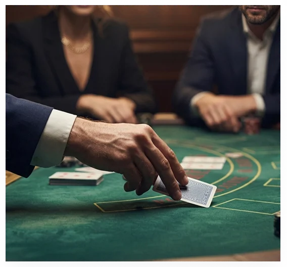 Dichtbij van een hand die speelkaarten pakt op een groen vilt pokertafel tijdens een spel.