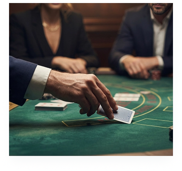 Dichtbij van een hand die speelkaarten pakt op een groen vilt pokertafel tijdens een spel.